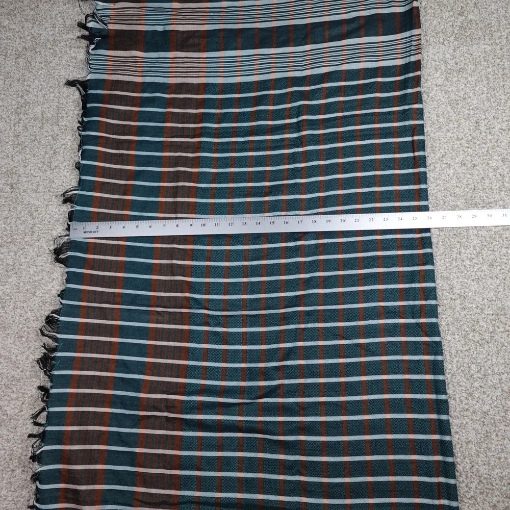 Teal Rust Orange Plaid Fringed Lightweight Woven Square Scarf